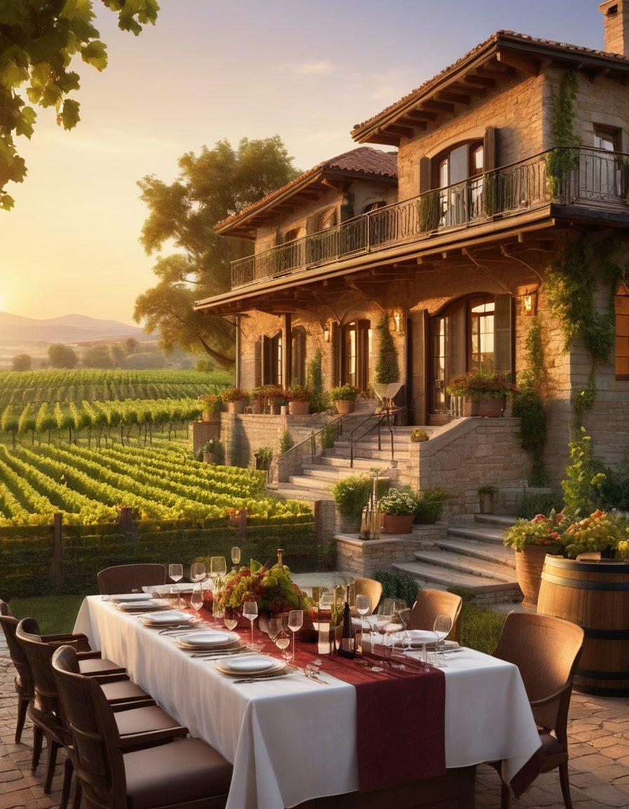 An elegant vineyard landscape at sunset, showcasing rows of lush grapes with a luxurious villa in the foreground, adorned with wine barrels and a stylish outdoor dining area. Include a glass of red wine catching the light, and a cozy fireplace to suggest warmth and comfort. The scene should evoke a sense of tranquility and upscale living. vibrant colors. super-realistic.