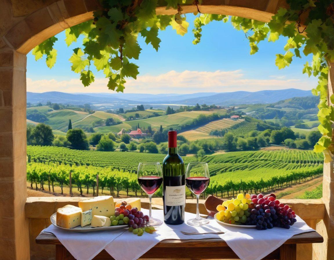 A picturesque vineyard landscape with rolling hills, vineyards stretching into the horizon, and quaint cottages nestled among the grapes. In the foreground, a rustic table set with a bottle of wine, two glasses, and an assortment of local cheeses, framed by lush greenery and vibrant grape clusters. The sky is clear and blue, capturing the essence of sunny wine country living. digital painting. vibrant colors. serene atmosphere.