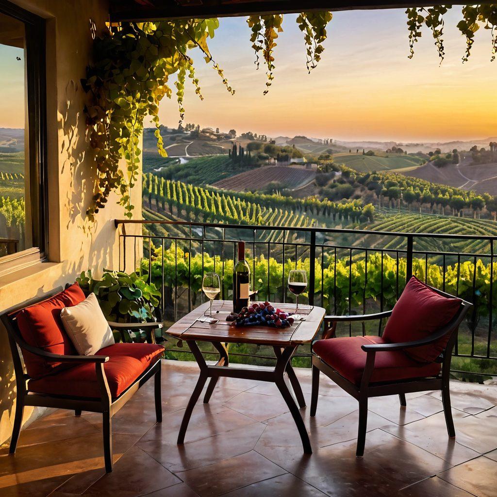 A cozy apartment balcony overlooking lush vineyards with a wooden table set for wine tasting, featuring elegant wine glasses and a bottle of red wine. The setting sun casts a golden hue over the landscape, enhancing the relaxing ambiance. Add decorative elements like grapevines and soft cushions for comfort. super-realistic. vibrant colors. warm lighting.